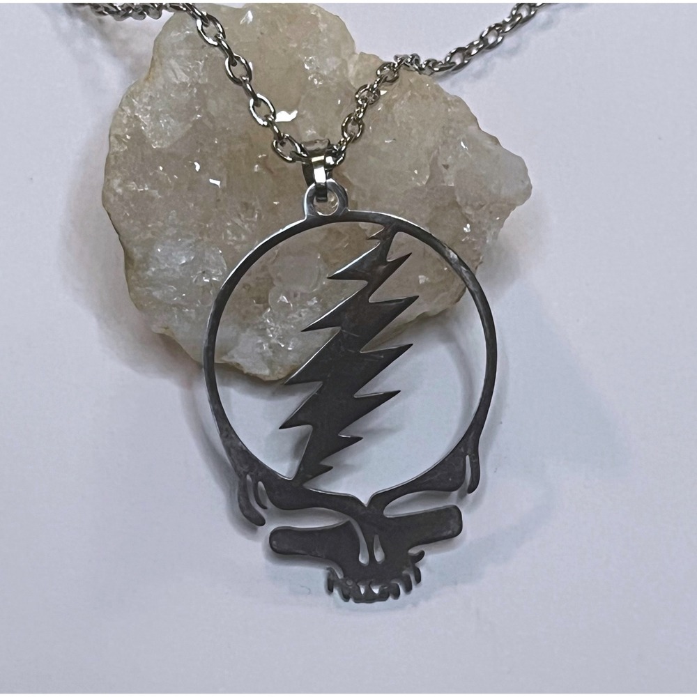 Sterling Silver Grateful Dead Skull Steal Your Face Chain Pendant Necklace -New